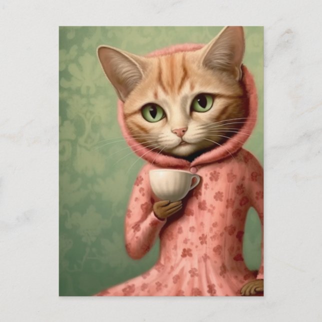 Katze in rosa mit Kaffee Postkarte (Vorderseite)