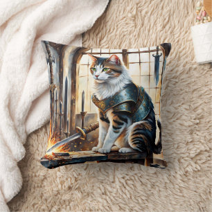 Katze in Rüstung umgeben von Schwertern bei Morgen Kissen