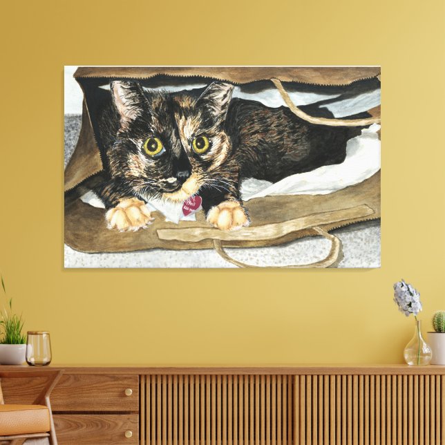 Katze in Taschen Aquarellmalerei Wrapped Canvas Leinwanddruck (Insitu (Wohnzimmer))