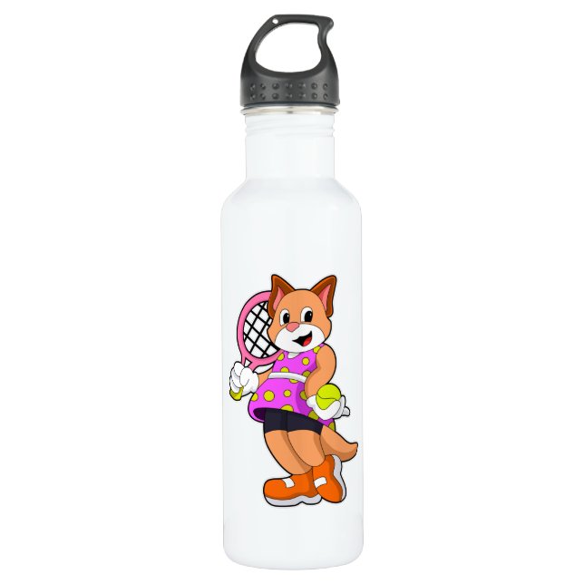 Katze in Tennis mit Tennisschläger Edelstahlflasche (Vorderseite)