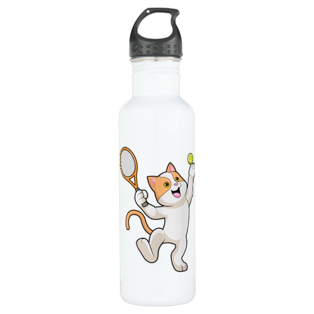 Katze in Tennis mit Tennisschläger Edelstahlflasche (Vorderseite)