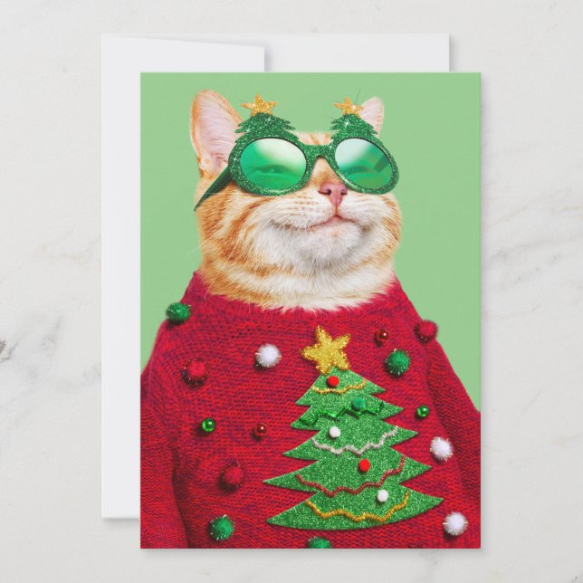 Katze in Ugly Christmas Sweater Einladung (Vorderseite)