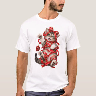 Katze in Weihnachtsband eingewickelt T-Shirt