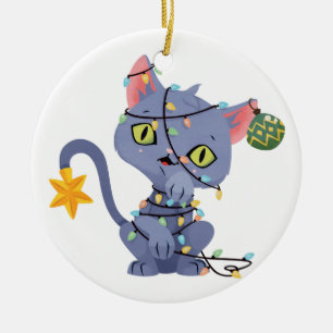 Katze in Weihnachtsbeleuchtung getanzt Keramik Ornament