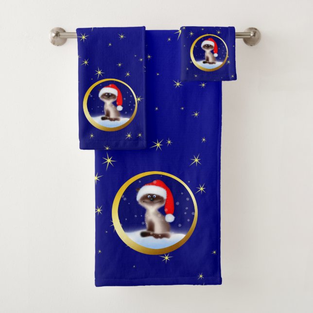 Katze in Weihnachtsmannmütze Badhandtuch Set (Insitu)