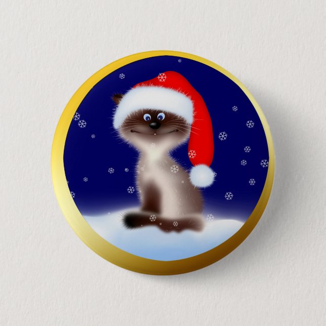 Katze in Weihnachtsmannmütze Button (Vorderseite)
