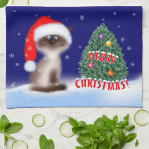 Katze in Weihnachtsmannmütze Geschirrtuch
