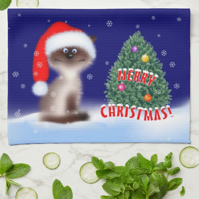 Katze in Weihnachtsmannmütze Geschirrtuch (Gefaltet)