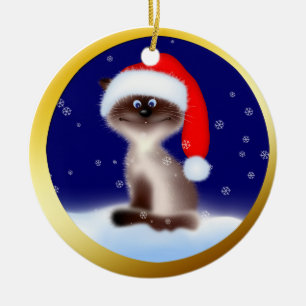 Katze in Weihnachtsmannmütze Keramikornament