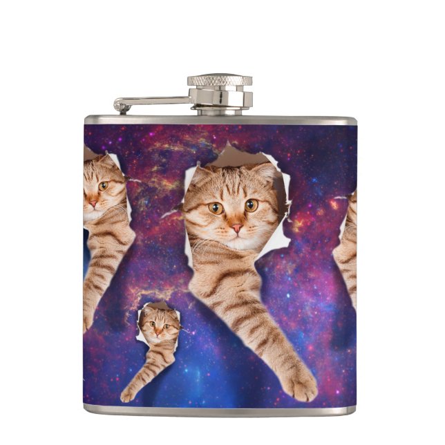 Katze in weltraumseitigem zerrissenen Loch nach ob Flachmann (Vorderseite)