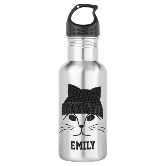 Katze in Wollhut Personalisiert Edelstahlflasche (Vorderseite)