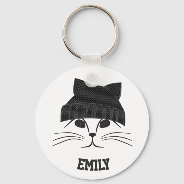 Katze in Wollhut Personalisiert Niedlich Schlüsselanhänger (Vorderseite)