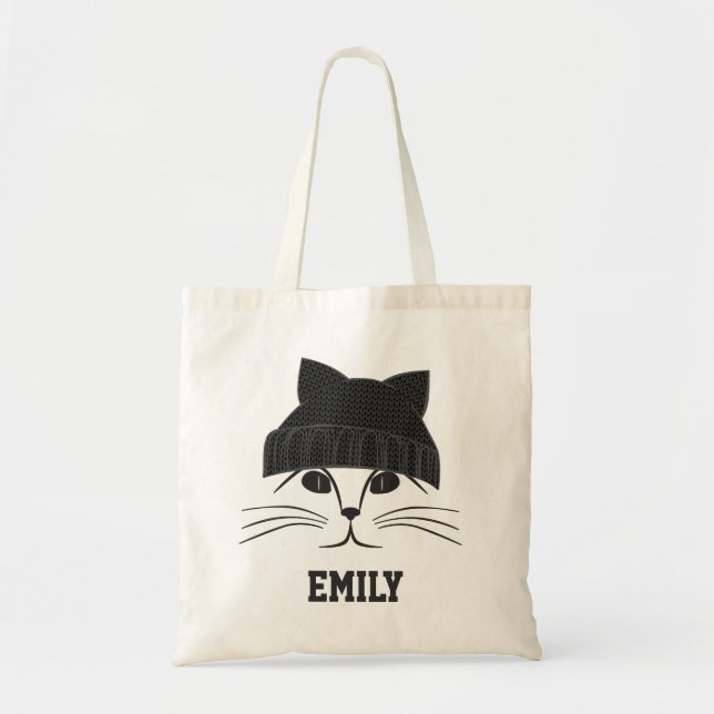 Katze in Wollhut Personalisiert Niedlich Tragetasche (Vorne)