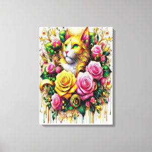 Katze inmitten einer lebendigen Blütenpracht 45x60 Leinwanddruck