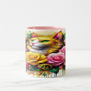 Katze inmitten einer lebendigen Blütenpracht Zweifarbige Tasse