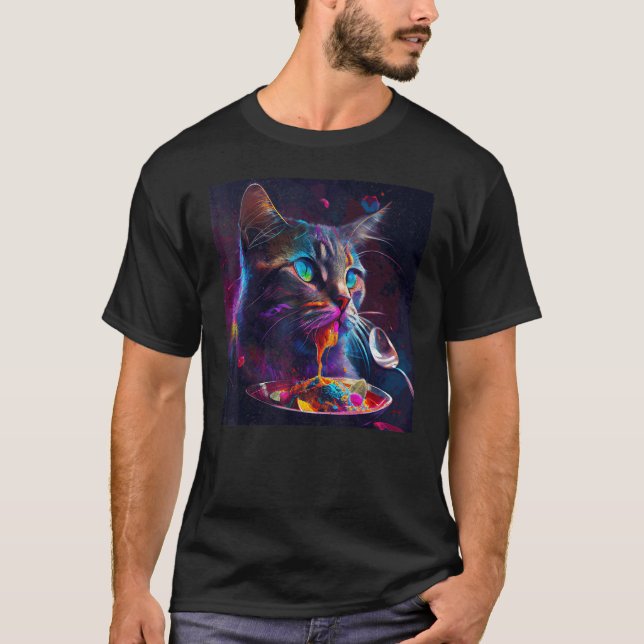 Katze isst Buntes T-Shirt (Vorderseite)