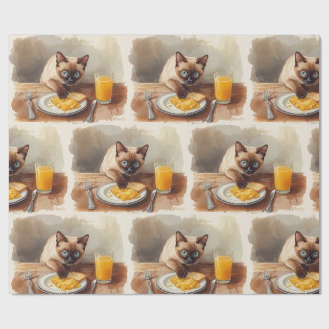 Katze isst Frühstück  Geschenkpapier (Flach)