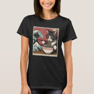 Katze isst Ramen Große Welle Japanische Lebensmitt T-Shirt