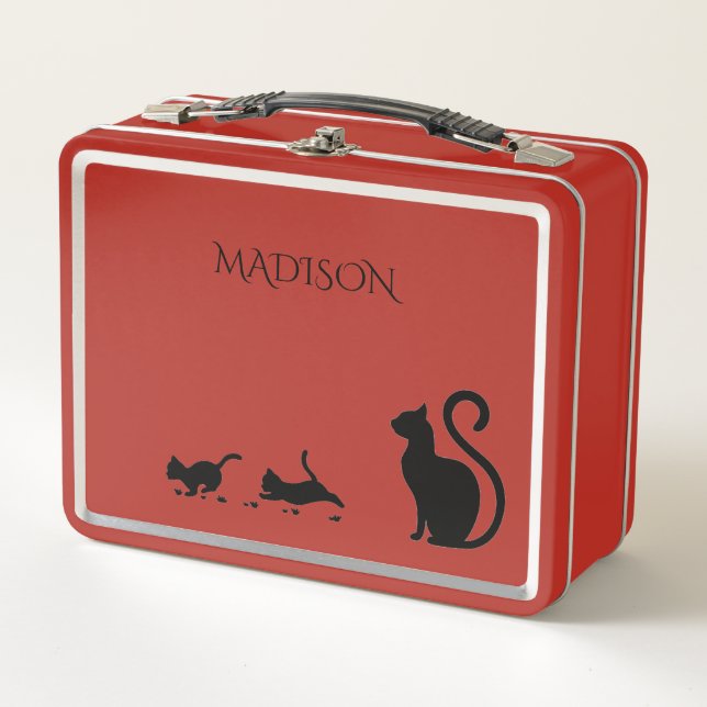 Katze/Kätzchen aus Metall Lunchbox in Rot/individu (Vorderseite)