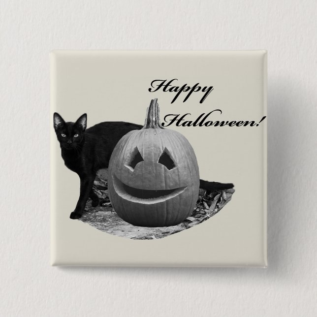 Katze & Kürbis Frohes Halloween Button (Vorderseite)