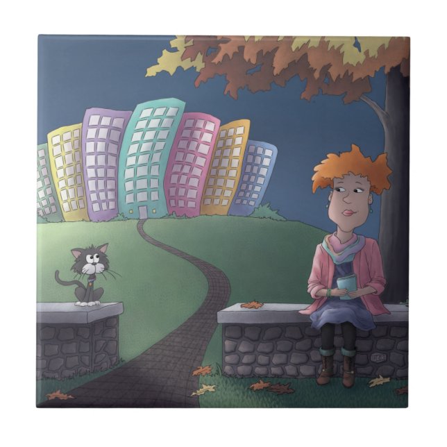 Katze Lady im Park Keramik Tile Fliese (Vorderseite)