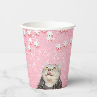 Katze leckt Schneeflocken-Papierbecher Pappbecher