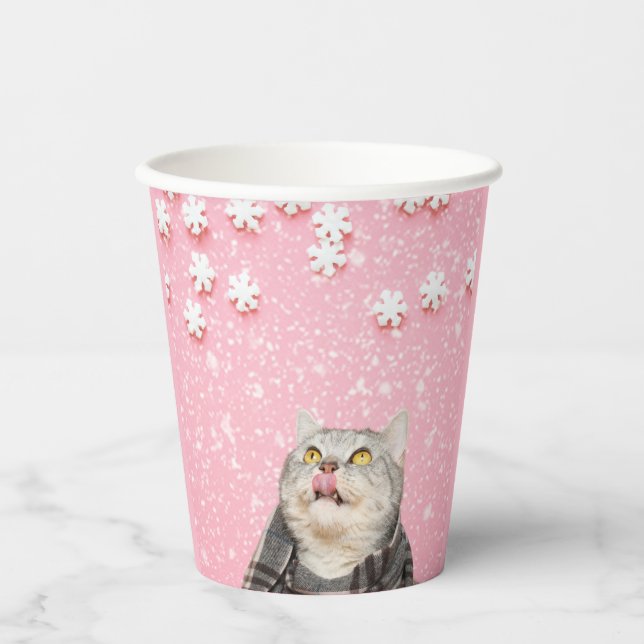 Katze leckt Schneeflocken-Papierbecher Pappbecher (Vorderseite)