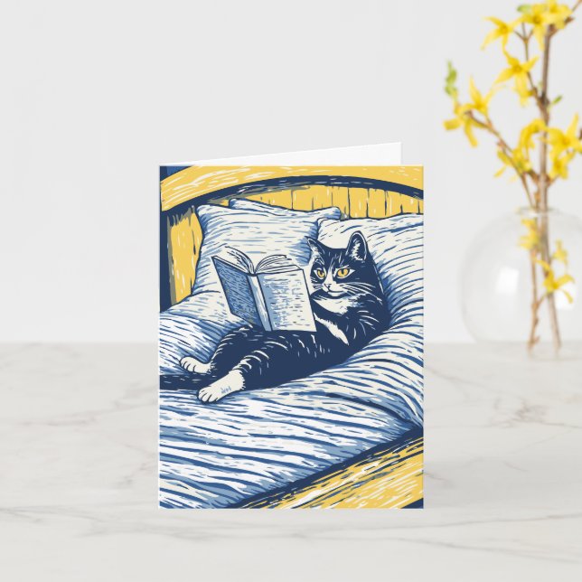 Katze lesend im Bett Karte (Gelbe Blume)