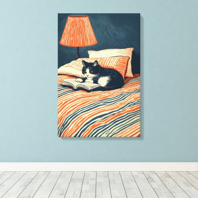 Katze lesend im Bett Leinwanddruck (Insitu (Holzboden))