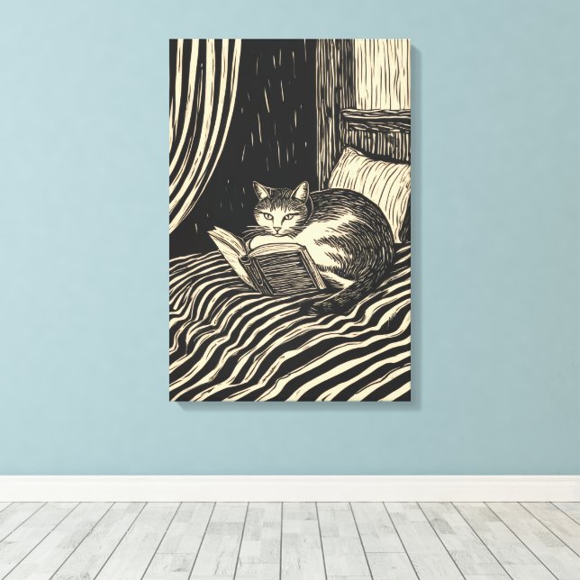 Katze lesend im Bett Leinwanddruck (Insitu (Holzboden))