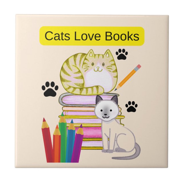 Katze liebt Bücher Fliese (Vorderseite)