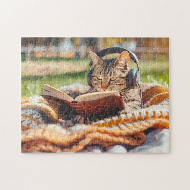 Katze liest Buch auf gestrickter Decke (Horizontal)