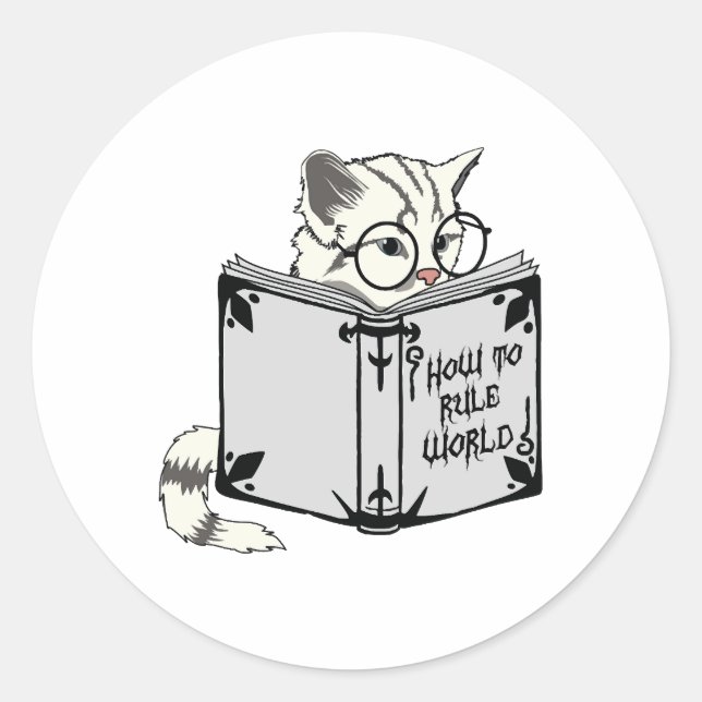 Katze liest Buch  Runder Aufkleber (Vorderseite)