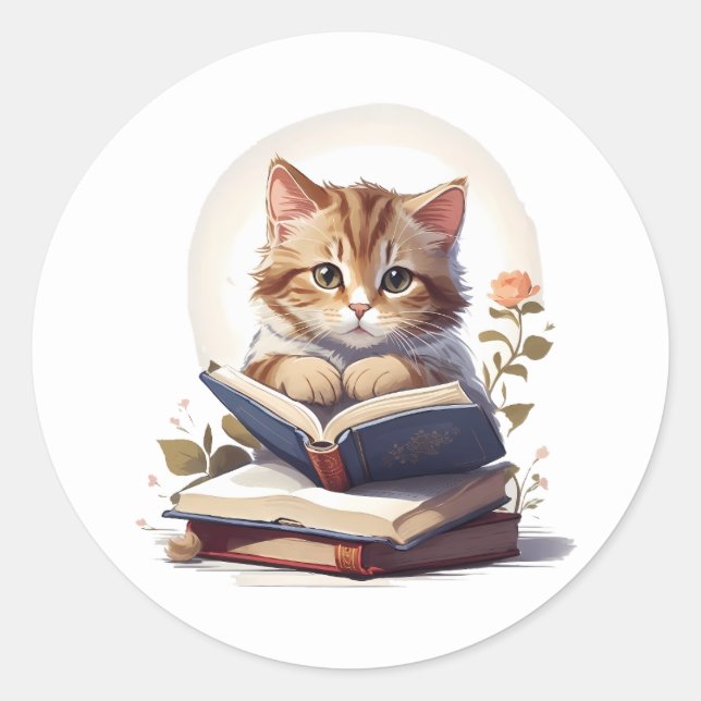 Katze liest ein Buch Runder Aufkleber (Vorderseite)