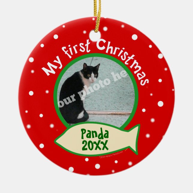 Katze mein erstes Weihnachtsrotes und grünes Keramik Ornament (Vorne)