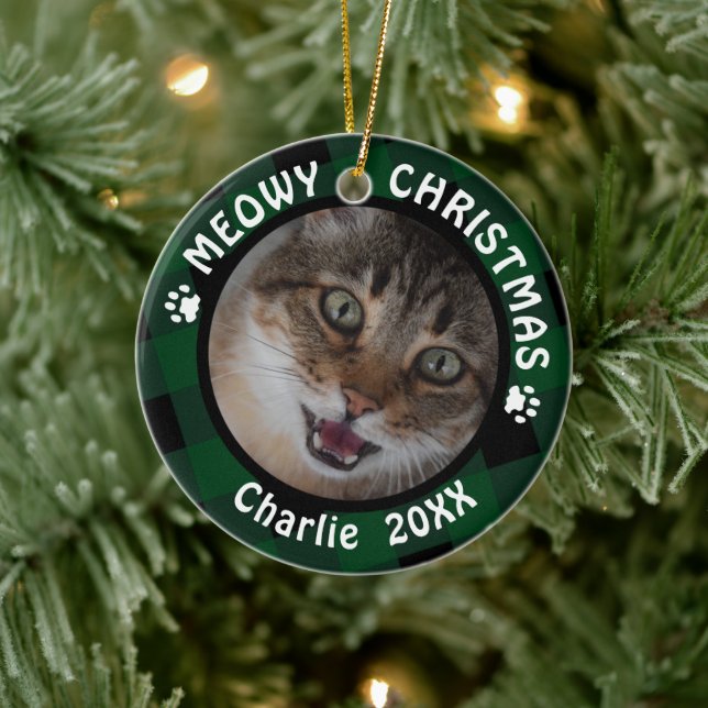 Katze "Meowy Christmas" 2-seitig 2-Foto Grün Karie Keramikornament (Baum)