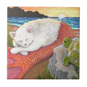 Katze Mermaid 26 Merkitty am Strand mit Schildkröt Fliese