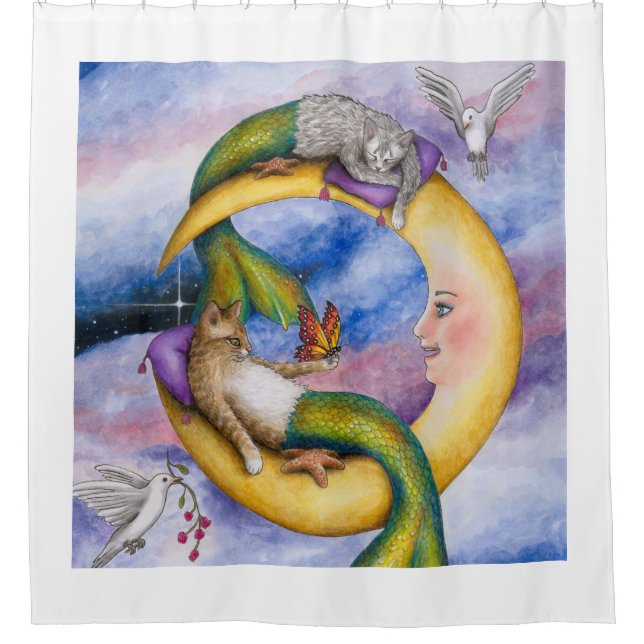 Katze Mermaid 29 Fantasy-Katzen auf dem Mond Duschvorhang (Vorderseite)