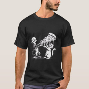 Katze mit Alien, das Pizza isst, lustige Weltraumf T-Shirt