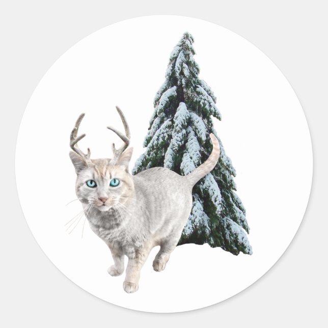 Katze mit Antlern und Baumklebern Runder Aufkleber (Vorderseite)