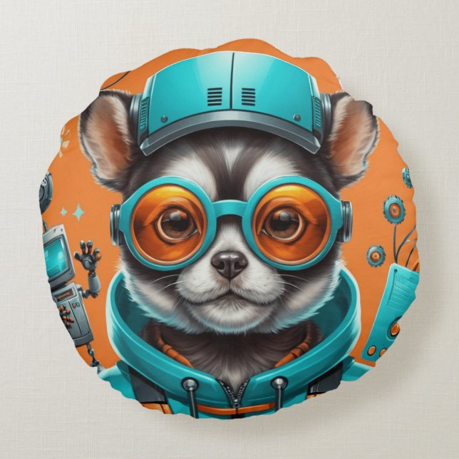 Katze mit Aqua-Orange-Brille Rundes Kissen (Rückseite)