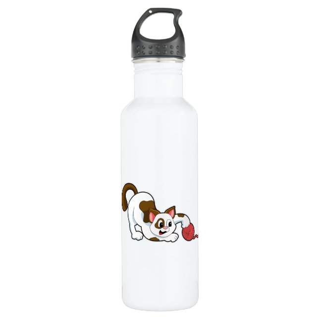 Katze mit Ball aus Wolle Edelstahlflasche (Vorderseite)