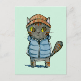 Katze mit Beanie und Down Vest Wasserfarbe Postkarte