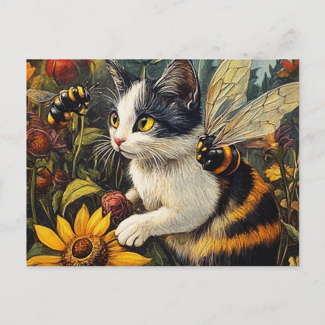 Katze mit Bienen und Blume Postkarte (Vorderseite)