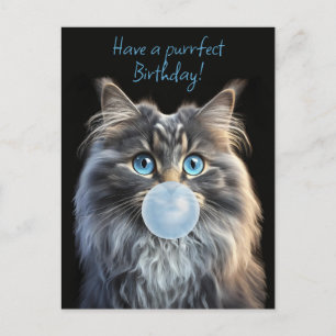 Katze mit blauen Augen bläst einen blauen Kaugummi Postkarte
