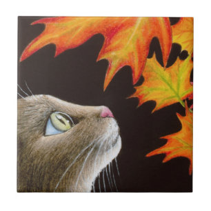 Katze mit Blick auf Herbstblätter Katze 442 Fliese