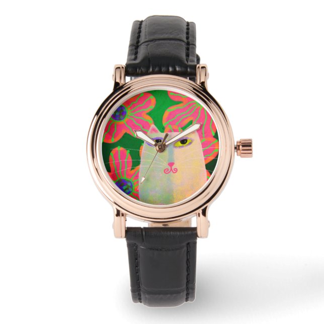 Katze mit Blume Abstrakte Kunst Armbanduhr (Vorderseite)