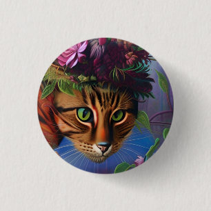 Katze mit Blume Hut Button
