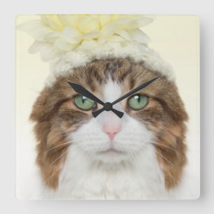Katze mit Blume Hut Quadratische Wanduhr