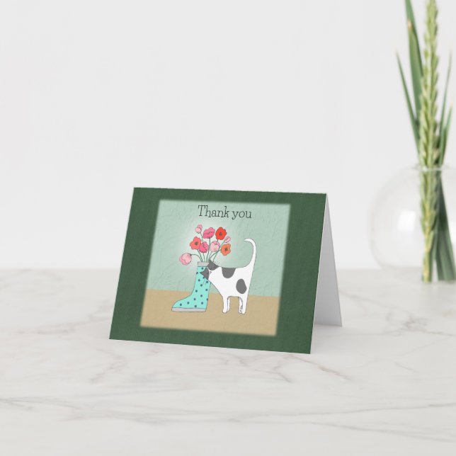 Katze mit Blume im Boot Whimsical Quirky Cat Art Dankeskarte (Vorderseite)